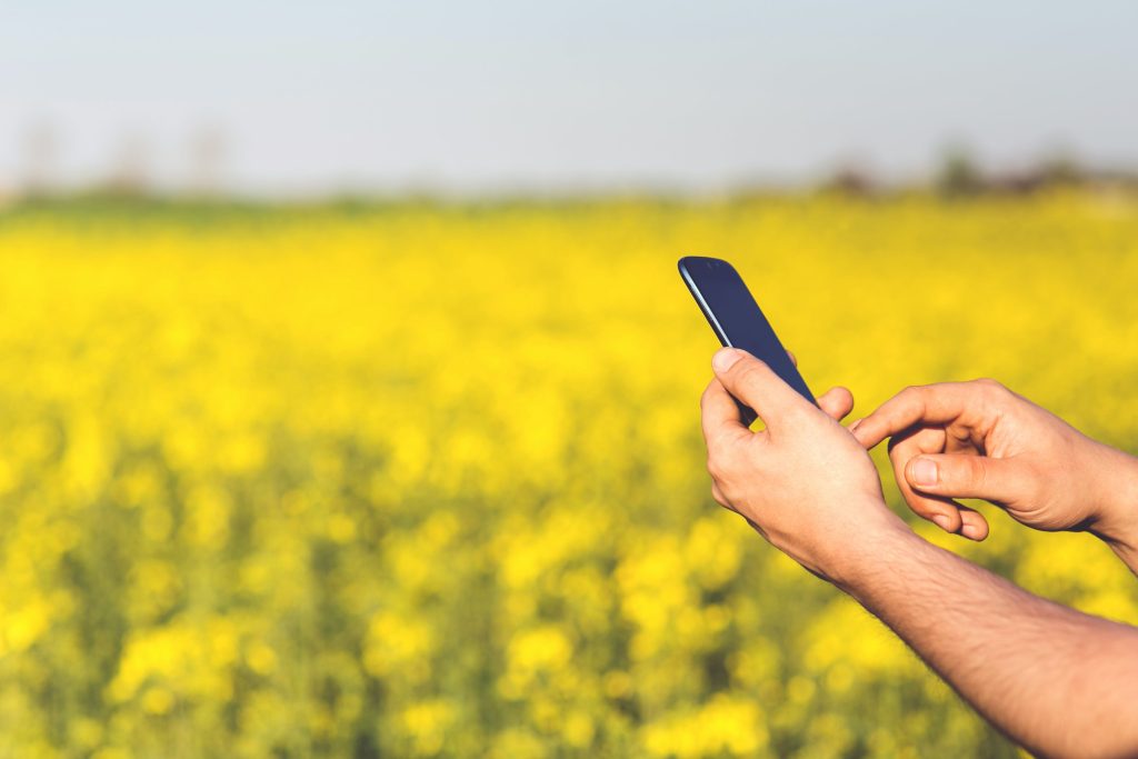 Person using smartphone in rural field with reliable internet connectivity for ElektraFi rural internet services